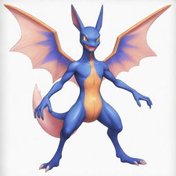 A sketch of a unique Pokémon fusion, with Greninja's body, Charizard's wings, and Mewtwo's face.