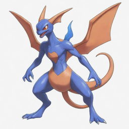 A sketch of a unique Pokémon fusion, with Greninja's body, Charizard's wings, and Mewtwo's face.