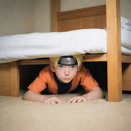 A realistic depiction of Naruto Uzumaki hiding underneath a bed