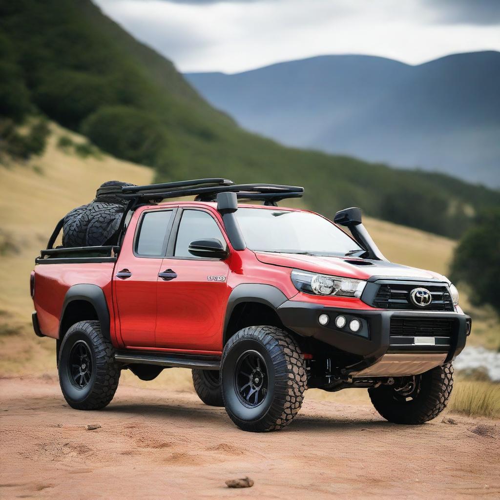 A detailed image of a Toyota Hilux model N70 with a 4-inch lift, 35-inch tires, and 32-inch rims