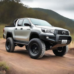 A detailed image of a Toyota Hilux model N70 with a 4-inch lift, 35-inch tires, and 32-inch rims