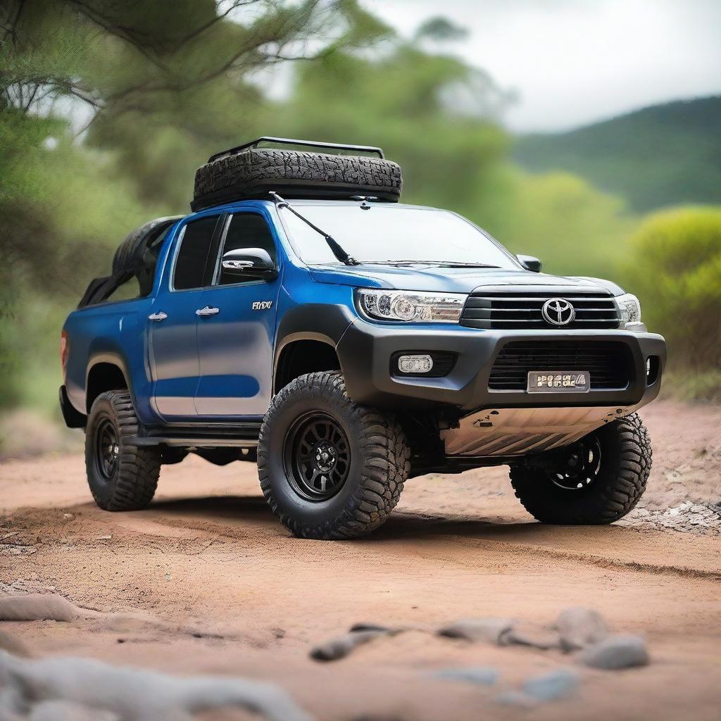 A detailed image of a Toyota Hilux model N70 with a 4-inch lift, 35-inch tires, and 32-inch rims