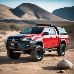 A detailed image of a Toyota Hilux model N70 with a 4-inch lift, 35-inch tires, and 32-inch rims