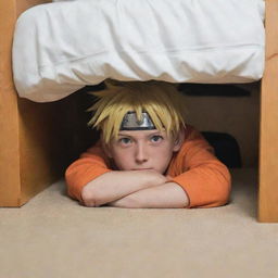 A realistic depiction of Naruto Uzumaki hiding underneath a bed