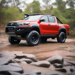 A detailed image of a Toyota Hilux N70 equipped with a 4-inch lift kit and 35-inch tires