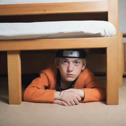 A realistic depiction of Naruto Uzumaki hiding underneath a bed