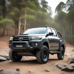 A detailed image of a Toyota Hilux N70 equipped with a 4-inch lift kit and 35-inch tires