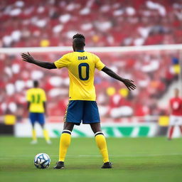 A football player is taking a free kick, poised and focused on the ball