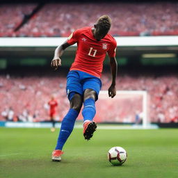 A football player is taking a free kick, poised and focused on the ball