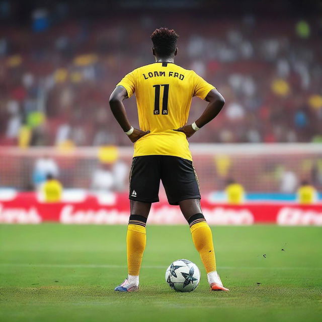 A football player is taking a free kick, poised and focused on the ball