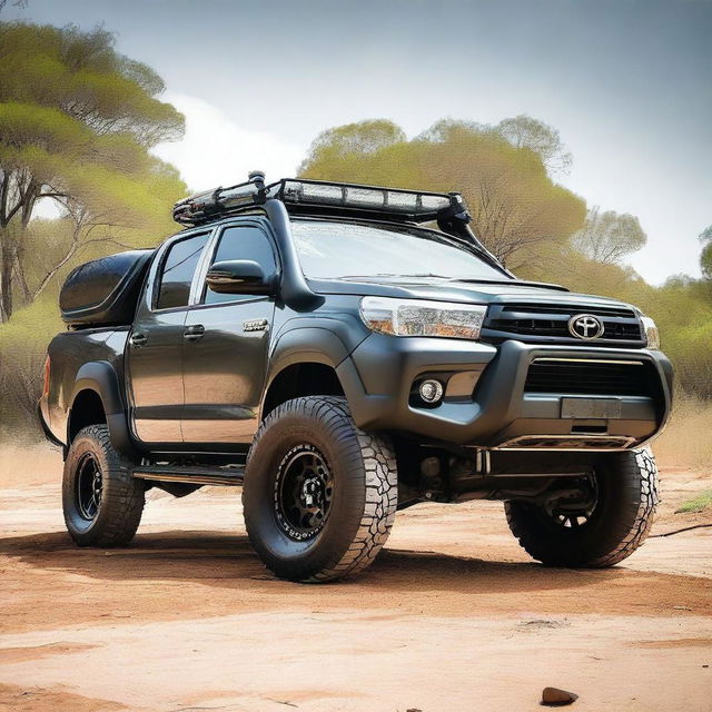 A detailed image of a Toyota Hilux N70 equipped with a 4-inch lift kit, 35-inch tires, an ARB bull bar, and a stainless steel snorkel