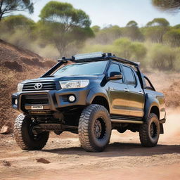 A detailed image of a Toyota Hilux N70 equipped with a 4-inch lift kit, 35-inch tires, an ARB bull bar, and a stainless steel snorkel