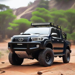 A detailed image of a Toyota Hilux N70 equipped with a 4-inch lift kit, 35-inch tires, an ARB bull bar, and a stainless steel snorkel