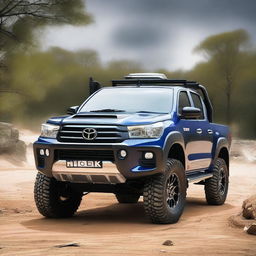 A detailed image of a Toyota Hilux N70 equipped with a 4-inch lift kit, 35-inch tires, an ARB bull bar, and a stainless steel snorkel