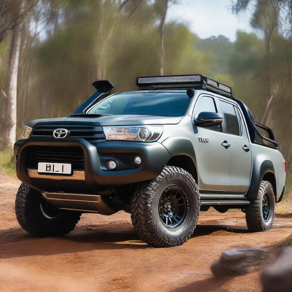 A detailed image of a Toyota Hilux N70 equipped with a 4-inch lift kit, 35-inch off-road tires, an ARB bull bar, and a stainless steel snorkel