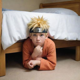 A realistic depiction of Naruto Uzumaki hiding underneath a bed