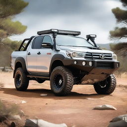 A detailed image of a Toyota Hilux N70 equipped with a 4-inch lift kit, 35-inch off-road tires, an ARB bull bar, and a stainless steel snorkel