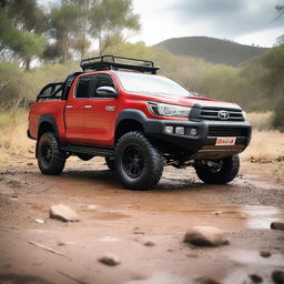 A detailed image of a Toyota Hilux N70 equipped with a 4-inch lift kit, 35-inch off-road tires, an ARB bull bar, and a stainless steel snorkel