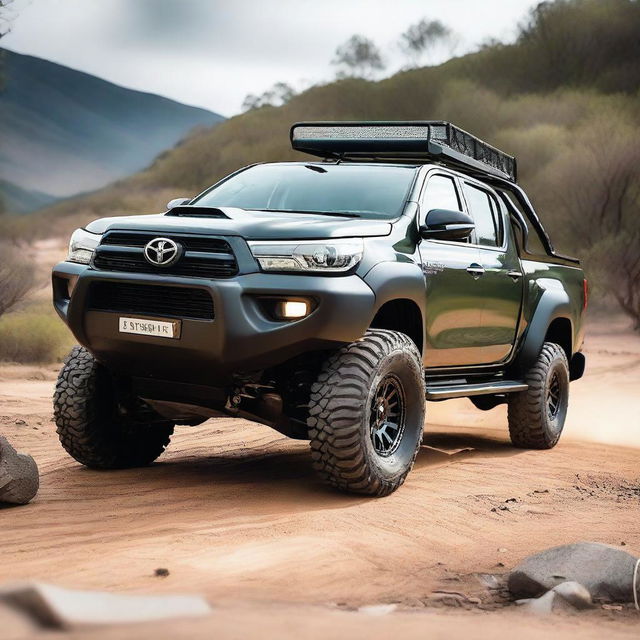 A detailed image of a Toyota Hilux N70 equipped with a 4-inch lift kit, 35-inch off-road tires, an ARB bull bar, and a stainless steel snorkel