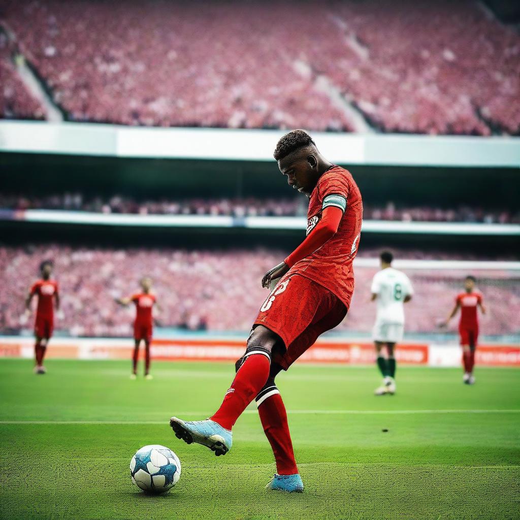 A football player is taking a free kick and scoring a goal