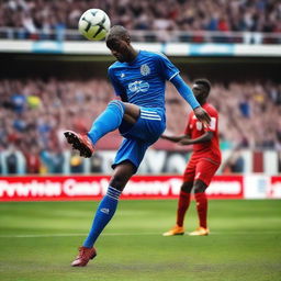 A football player is taking a free kick and scoring a goal