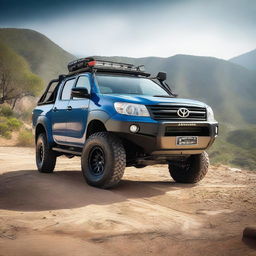 A detailed image of a Toyota Hilux N70 equipped with a 4-inch lift kit, 35-inch off-road tires, a heavy-duty bull bar, and a stainless steel snorkel