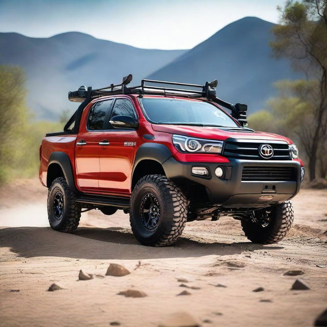 A detailed image of a Toyota Hilux N70 equipped with a 4-inch lift kit, 35-inch off-road tires, a heavy-duty bull bar, and a stainless steel snorkel