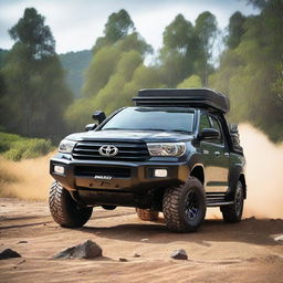 A detailed image of a Toyota Hilux N70 equipped with a 4-inch lift kit, 35-inch off-road tires, a heavy-duty bull bar, and a stainless steel snorkel