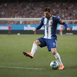 A highly advanced robot taking on the likeness and skills of soccer superstar Lionel Messi, executing a precise and powerful kick on a football field.