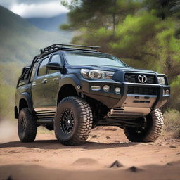 A detailed image of a Toyota Hilux N70 equipped with a 4-inch lift kit, 35-inch off-road tires, a heavy-duty bull bar, and a stainless steel snorkel