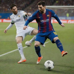 A highly advanced robot taking on the likeness and skills of soccer superstar Lionel Messi, executing a precise and powerful kick on a football field.