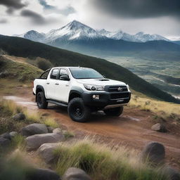 A white Toyota Hilux N70 driving offroad through a rugged terrain