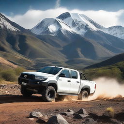 A white Toyota Hilux N70 driving offroad through a rugged terrain