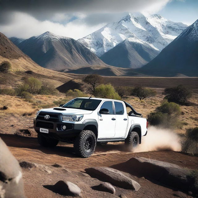 A white Toyota Hilux N70 driving offroad through a rugged terrain