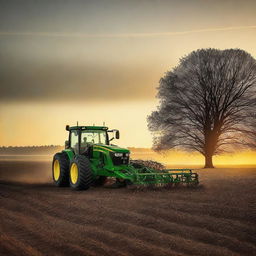 A John Deere tractor seeding a field at sunset