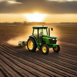 A John Deere tractor seeding a field at sunset