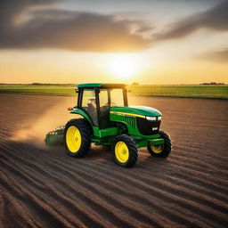 A John Deere tractor seeding a field at sunset