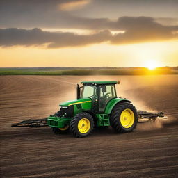 A John Deere tractor seeding a field at sunset