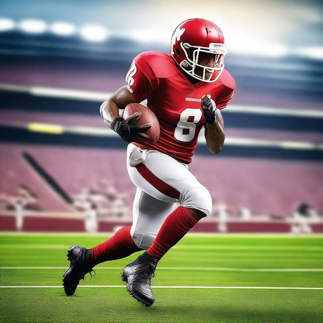 Create an image of a football player in action on the field, wearing a uniform and helmet, running with the football