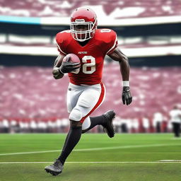 Create an image of a football player in action on the field, wearing a uniform and helmet, running with the football