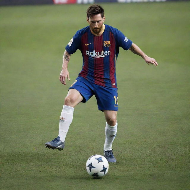 A highly advanced robot taking on the likeness and skills of soccer superstar Lionel Messi, executing a precise and powerful kick on a football field.