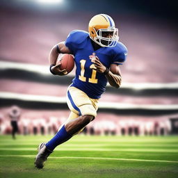 Create an image of a football player in action on the field, wearing a uniform and helmet, running with the football