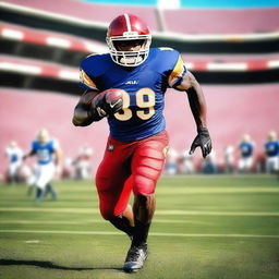 Create an image of a football player in action on the field, wearing a uniform and helmet, running with the football