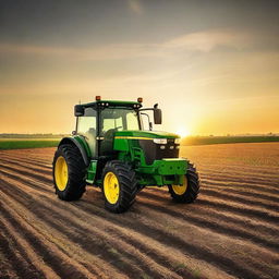 A large John Deere tractor farming a field at sunset