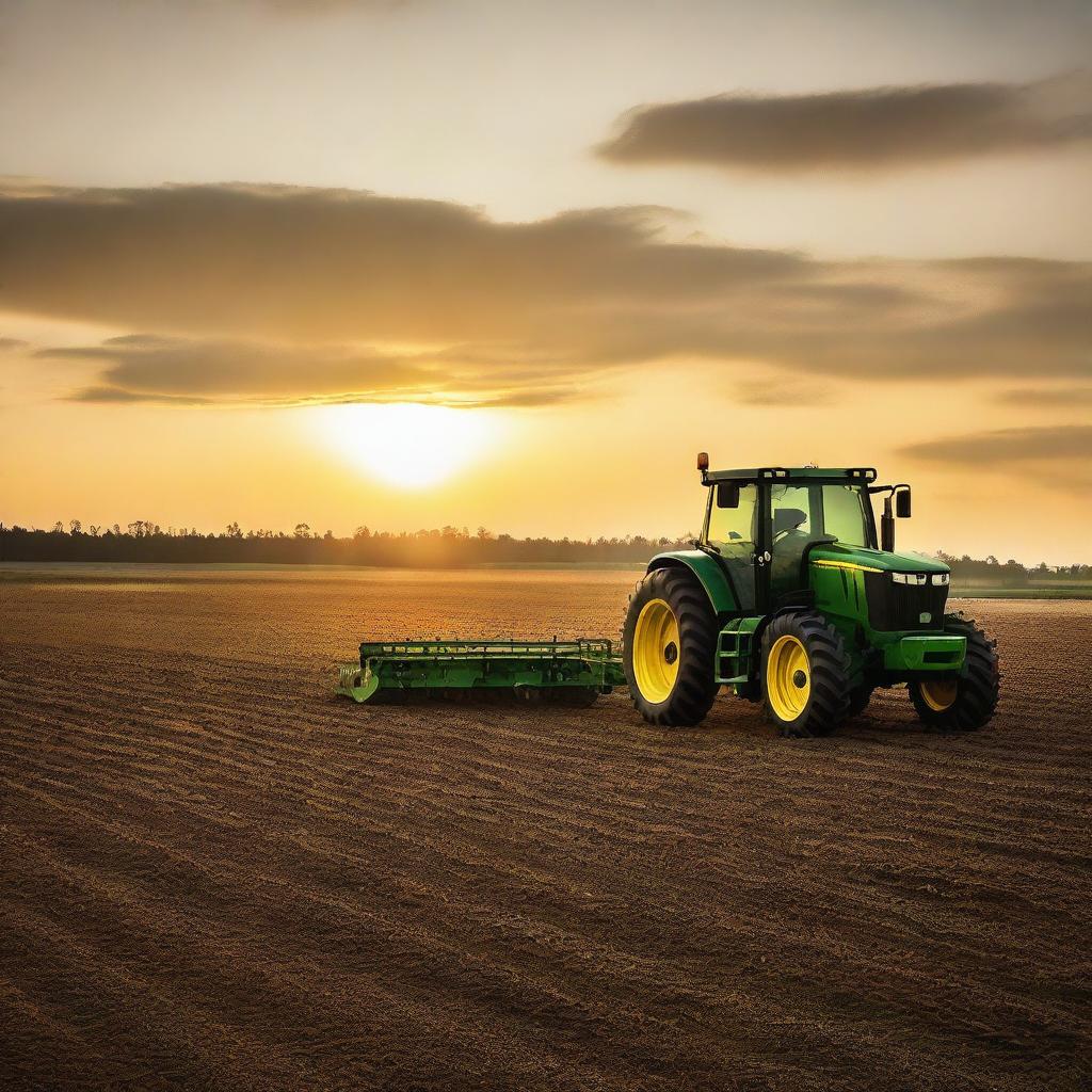 A large John Deere tractor farming a field at sunset