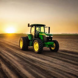 A large John Deere tractor farming a field at sunset