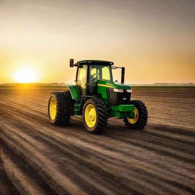 A large John Deere tractor farming a field at sunset