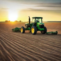 A large John Deere tractor farming a field at sunset