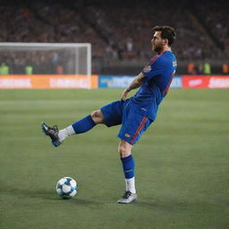 A highly advanced robot taking on the likeness and skills of soccer superstar Lionel Messi, executing a precise and powerful kick on a football field.