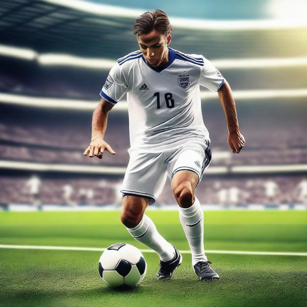 Create an image of a soccer player in action on the field, wearing a uniform and cleats, dribbling the soccer ball